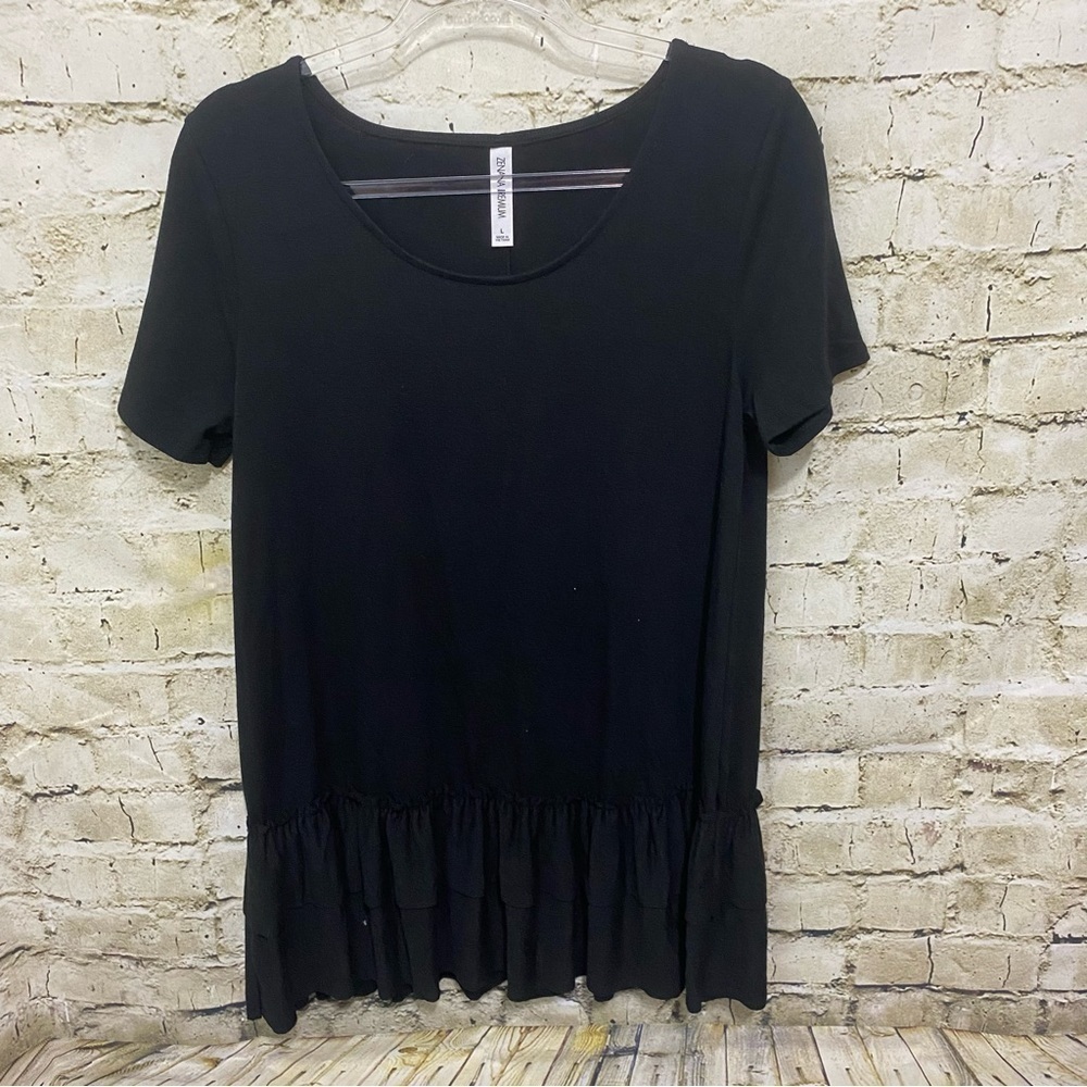 NEW Zenana Premium Black Short Sleeve Ruffle Tunic Top